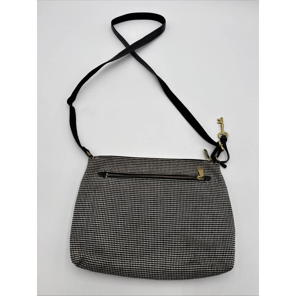 Fossil Kinley Crossbody Handbag Messenger Bag Purse Black White Bronze key Tag